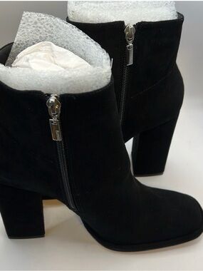 SCHUTZ Black Suede Block-Heel Ankle Booties with Side Zipper